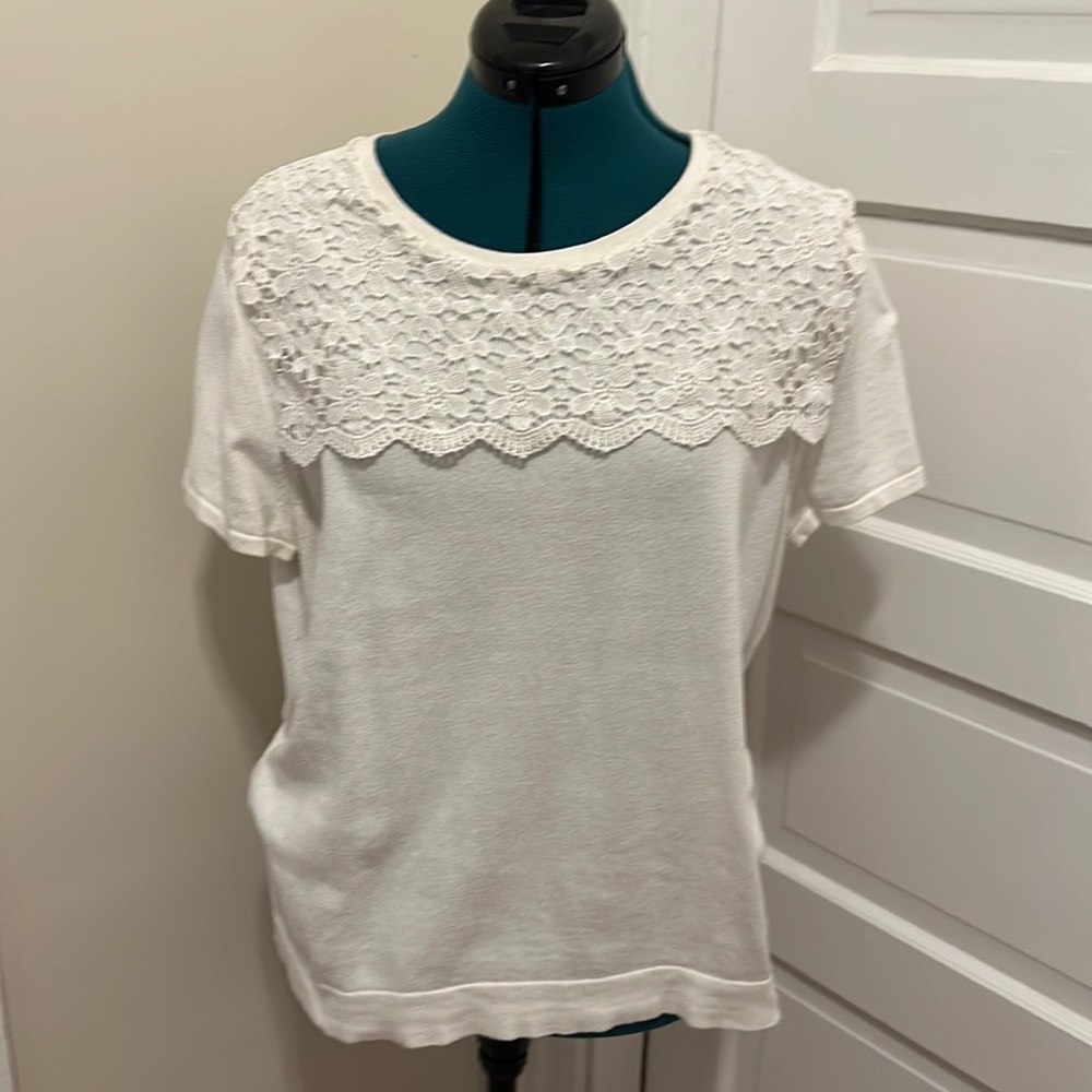 J. Crew Cream Lace Yoke Short Sleeve Top